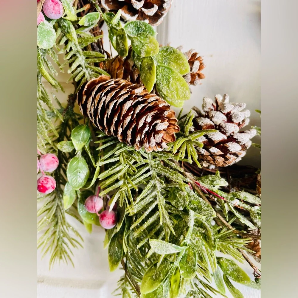 Frosty Cedar, Pinecone & Red Berry Wreath